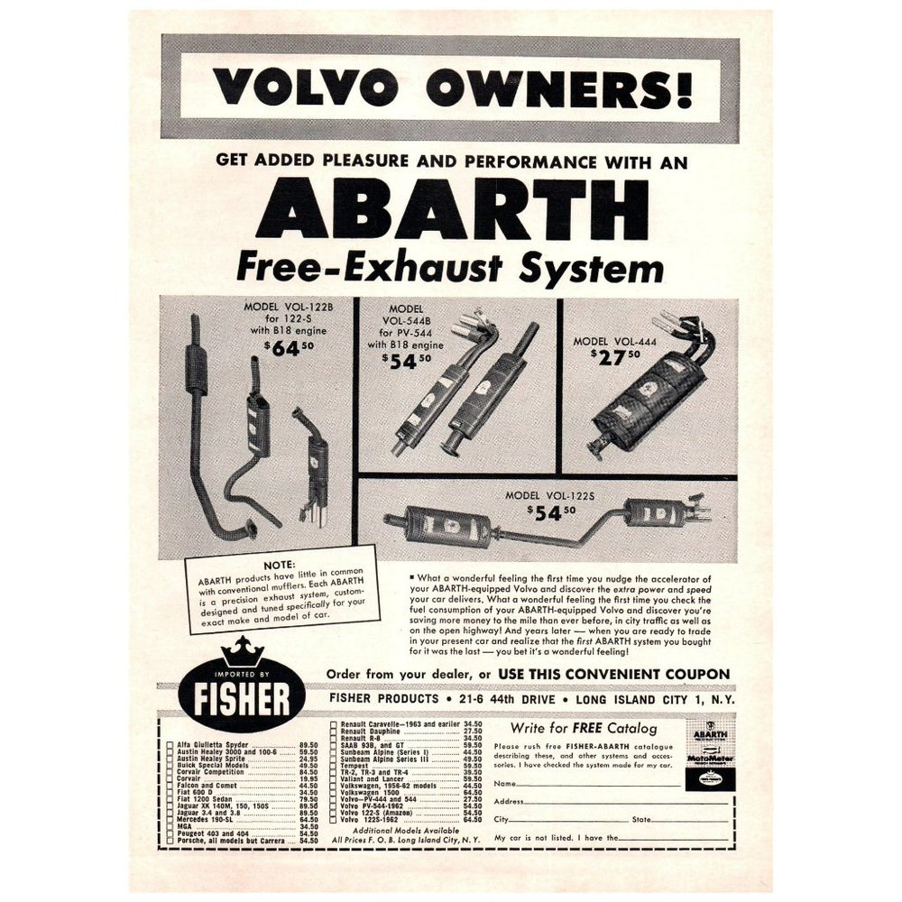 1964 Abarth Free-Exhaust System Volvo Cars Vintage Print Ad Imported by Fisher